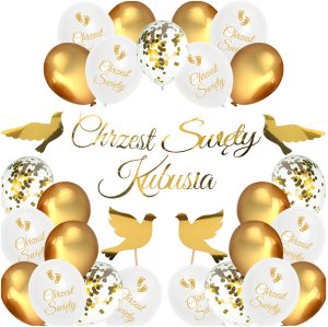 Balony Złote Topper Gołębie Baner Z Imienia Chrzest Święty 1