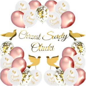 Balony Rose Gold Topper Gołębie Baner Z Imieniem Chrzest Święty - 1