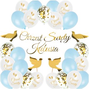 Balony Błękitne Topper Gołębie Baner Z Imieniem Chrzest Święty 1