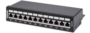 INTELLINET 12-Port Cat6a Patchpanel geschirmt FTP Desktop Klemmleisten mit 90 Grad abgewinkelten Kabeleinfuehrungen schwarz 1
