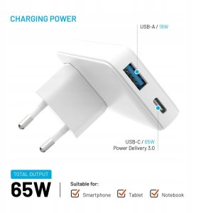 FIXED Slim GaN Travel Charger - ładowarka GaN USB-A/USB-C 65W biała - Gwarancja bezpieczeństwa. Proste raty. Bezpłatna wysyłka od 170 zł. 3