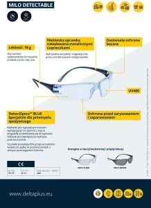 Delta Plus Milo Detectable jednoczęściowe okulary z poliwęglanu lekkie 18g UV400 DetectSpecs blue dla przemysłu spożywczego 2