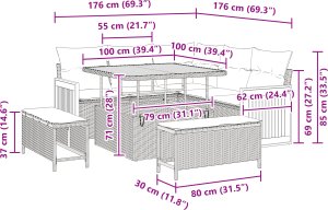 Zestaw rogowych sof ogrodowych z poduszkami czarny polirattan akacja, Dwuosobowa sofa ogrodowa z poduszkami czarny polirattan, Zestaw ogrodowy 3-częściowy czarny polirattan akacja 2