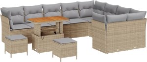 vidaXL 12-częściowy zestaw kanap ogrodowych z poduszkami beżowy z polirattanu akacjowego, 3-częściowy zestaw do jadalni z poduszkami beżowy z polirattanu akacjowego 2