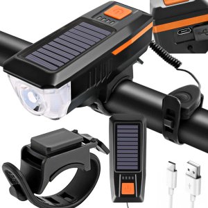 Lampka rowerowa przednia led z klaksonem sygnałem solarna na kierownicę 1