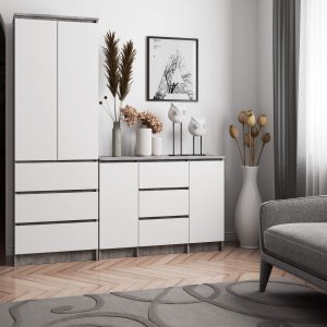 Komoda do salonu 101 cm 2 drzwi 3 szuflady 4 półki pojemna - beton biała 5