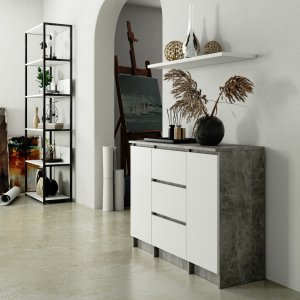 Komoda do salonu 101 cm 2 drzwi 3 szuflady 4 półki pojemna - beton biała 6