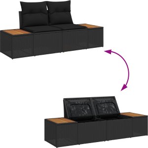vidaXL Zestaw 3-częściowy Sofa Ogrodowa z Poduszkami Czarny Polirattan Akacja, 2-osobowa Sofa Ogrodowa z Przechowywaniem i Poduszkami Czarny Polirattan 3