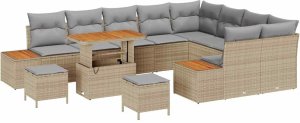 vidaXL 12-elementowy zestaw sof ogrodowych z poduszkami Beżowy Polirattan Akacja, 2-osobowa sofa ogrodowa z miejscem na przechowanie i poduszkami Beżowy Polirattan, 3-elementowy zestaw do jadalni ogrodowej z poduszkami Beżowy Polirattan A 2