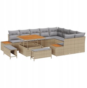 Zestaw Sof Ogrodowych vidaXL 12 Częściowy z Poduszkami Beżowy Poli Rattan Akacjowy, Sofa Ogrodowa vidaXL 2-osobowa z Przechowywaniem i Poduszkami Beżowy Poli Rattan, Zestaw Stołu i Krzeseł Ogrodowych vidaXL 3 Częściowy z Poduszkami Beżowy Poli Ra 2