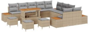 vidaXL Zestaw sofy ogrodowej 13-elementowy z poduszkami Beżowy Poli Rattan Akacja, Sofa ogrodowa 2-osobowa z funkcją przechowywania i poduszkami Beżowy Poli Rattan, Zestaw do jadalni ogrodowej 3-elementowy z poduszkami Beżowy Poli Rattan 13