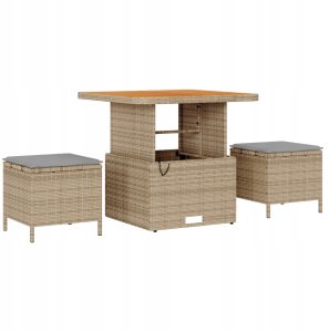 vidaXL Zestaw sofy ogrodowej 13-elementowy z poduszkami Beżowy Poli Rattan Akacja, Sofa ogrodowa 2-osobowa z funkcją przechowywania i poduszkami Beżowy Poli Rattan, Zestaw do jadalni ogrodowej 3-elementowy z poduszkami Beżowy Poli Rattan 4