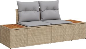 Zestaw sześciu mebli ogrodowych z poduszkami beżowy poly rattan akacja, Dwuosobowa sofa ogrodowa z schowkiem i poduszkami beżowy poly rattan 2