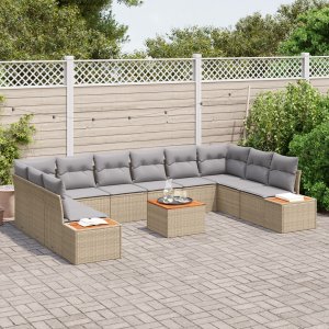 vidaXL Zestaw sof ogrodowych 11-częściowy z poduszkami Beżowy Poli Rattan Akacja, 2-osobowa sofa ogrodowa z miejscem do przechowywania i poduszkami Beżowy Poli Rattan 2