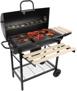 Duży zamykany grill węglowy ogrodowy na kółkach z półkami i paleniskiem 1