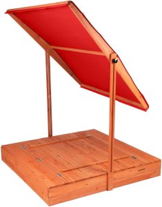 Bauerkraft Drewniana piaskownica ogrodowa z daszkiem zamykana z ławkami 120x120 czerwona 3