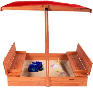 Bauerkraft Drewniana piaskownica ogrodowa z daszkiem zamykana z ławkami 120x120 czerwona 6