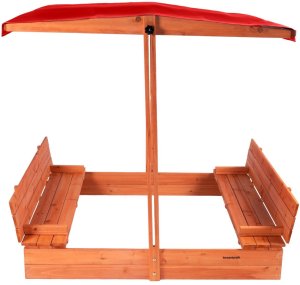 Bauerkraft Drewniana piaskownica ogrodowa z daszkiem zamykana z ławkami 120x120 czerwona 7