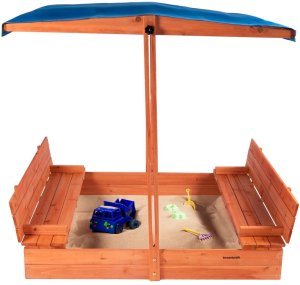 Bauerkraft Drewniana piaskownica ogrodowa z daszkiem zamykana z ławkami 120x120 niebieska 13