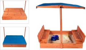 Bauerkraft Drewniana piaskownica ogrodowa z daszkiem zamykana z ławkami 120x120 niebieska 14