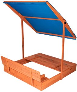 Bauerkraft Drewniana piaskownica ogrodowa z daszkiem zamykana z ławkami 120x120 niebieska 5