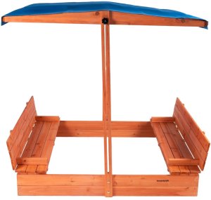 Bauerkraft Drewniana piaskownica ogrodowa z daszkiem zamykana z ławkami 120x120 niebieska 7