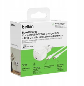 Ładowarka Belkin Ładowarka USB-C PD 30W, mała, biała + kabel Lightning 5