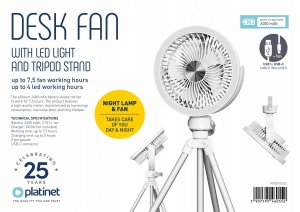 PLATINET RECHARGABLE DESK FAN WENTYLATOR BIURKOWY 2X1200MAH LED TRIPOD [46055] 3