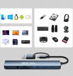 Bounn Hub USB-C + USB-A 8w2 rozdzielacz 3xUSB 2.0 Sd/Tf USB-C miniJack USB 3.0 5