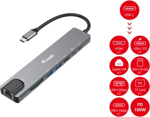 HUB USB Equip Equip Adapter USB-C -> HDMI.GbE.3xUSB3.2 Gen1.SD/TF.PD 100W 5