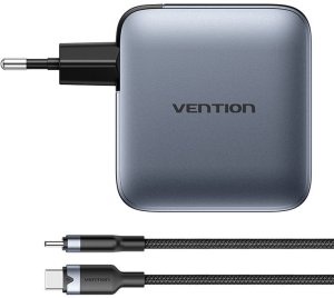 Ładowarka Vention 3x USB-C, 1x USB-A, 100W (szara) z kablem USB-C do USB-C (1m) czarna 3