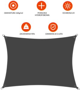 Żagiel cieniujący, ogrodowy 3x2 m osłona przeciwsłoneczna, prostokątny, grafitowy UNIWERSALNY 22