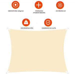 Żagiel przeciwsłoneczny, ogrodowy 4x3 m cieniujący prostokątny, kremowy UNIWERSALNY 14