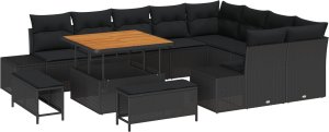 vidaXL Zestaw sofy ogrodowej 12-częściowy z poduszkami czarny polirattan akacja, Zestaw do jadalni na zewnątrz 3-częściowy z poduszkami czarny polirattan akacja, Sofa ogrodowa dwuosobowa z poduszkami czarny polirattan 2