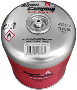 Kartusz gazowy 450g Alpen Camping. certyfikat: Pi 0437, zgodny z EN417, propan-butan, zakres -10°c do+ 40°c, zawór gwintowany 7/ 1
