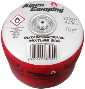 Kartusz gazowy 230g Alpen Camping. certyfikat: Pi 0656, zgodny z EN417, propan-butan, zakres -10°c do+ 40°c, zawór gwintowany 7/ 1