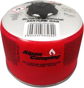 Kartusz gazowy 230g Alpen Camping. certyfikat: Pi 0656, zgodny z EN417, propan-butan, zakres -10°c do+ 40°c, zawór gwintowany 7/ 2