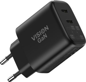 Ładowarka Vision Z fabryki certyfikowanej MFI Podwójne gniazdo USB-C Wtyczka Schuko EU CEE 7/7 dostarcza 65 W z głównego gniazdka Przy użyciu drugiego gniazdka moc spada do 45 W, a drugie gniazdko dostarcza 20 W Technologia GaN czyni to bardzo 2