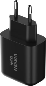 Ładowarka Vision Z fabryki certyfikowanej MFI Podwójne gniazdo USB-C Wtyczka Schuko EU CEE 7/7 dostarcza 65 W z głównego gniazdka Przy użyciu drugiego gniazdka moc spada do 45 W, a drugie gniazdko dostarcza 20 W Technologia GaN czyni to bardzo 3