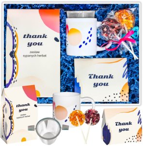 Personalizowany Box Thank You - kawa smakowa, herbata sypana, kubek, zaparzacz, lizaki, etykieta z personalizowanym nadrukiem na prezent upominek podziękowanie 1