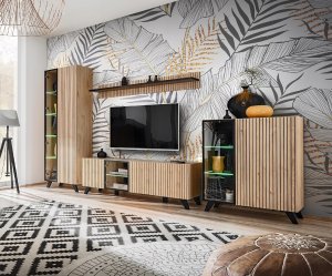 Szafka RTV LIAM - Przeszklona + Oświetlenie LED | Dąb + Czarny Mat | 160 cm 11