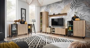 Szafka RTV LIAM - Przeszklona + Oświetlenie LED | Dąb + Czarny Mat | 160 cm 12