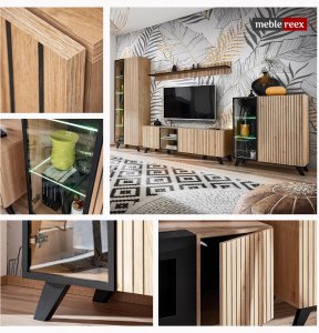 Szafka RTV LIAM - Przeszklona + Oświetlenie LED | Dąb + Czarny Mat | 160 cm 5