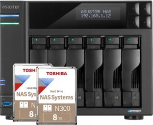 Serwer plików Asustor LOCKERSTOR 6 AS6706T 6-bay, Intel Celeron N5105 Czterordzeniowy 2.0GHz, 8GB RAM DDR4. 4x M.2 PCIe (NVMe), 2x 2.5 GbE. 2x USB 3.2. HDMI 2.0b, 1x PCIe + 2x 8TB HDWG480UZSVA 1