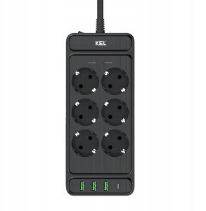 Przedłużacz stały z sześciokrotnym gniazdem wtyczkowym 2p+Z oraz gniazdami USB A, USB C, 2m, SCHUKO ; KEL 2