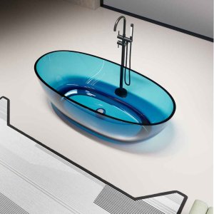 Wanna wolnostojąca transparentna 160 x 80 cm przezroczysta niebieska korek chrom 2