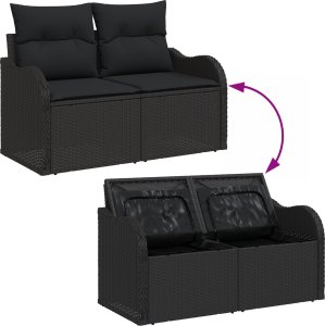 vidaXL Zestaw ogrodowy 6 części z poduszkami czarny polirattan, 2-osobowa sofa ogrodowa z schowkiem i poduszkami czarny polirattan 4