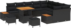 vidaXL Zestaw sofy ogrodowej 12 Elementowy z poduszkami Czarny Polirattan Akacja, Sofa ogrodowa 2-osobowa z pojemnikiem i poduszkami Czarny Polirattan, Zestaw do jadalni ogrodowej 3 Częściowy z poduszkami Czarny Polirattan Akacja 2