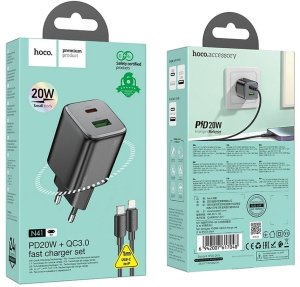 Ładowarka sieciowa do telefonu Hoco USB A + USB C QC PD 3A 20W + kabel USB C do Lightning N41 czarna 5