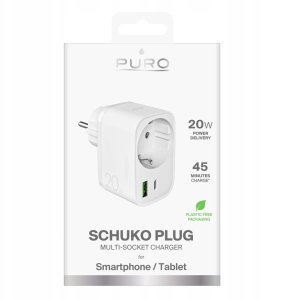 Ładowarka Puro 20W Power Delivery z wtyczką i gniazdem Schuko 1x USB-C + 1x USB-A - biała 2